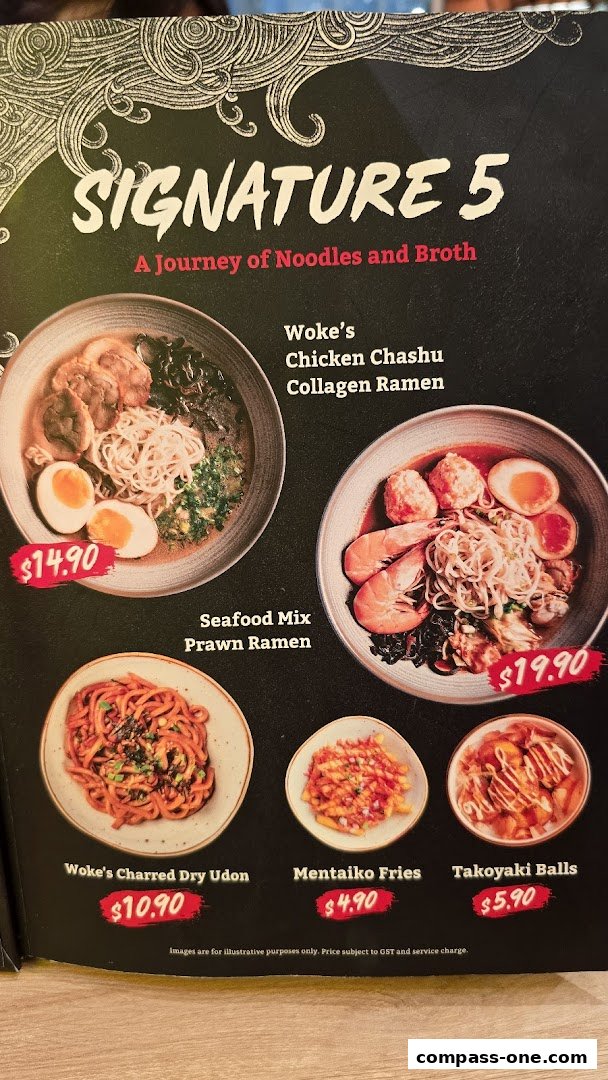 A menu showcasing WOKE Ramen's Signature 5 dishes, including various ramen and side dishes.