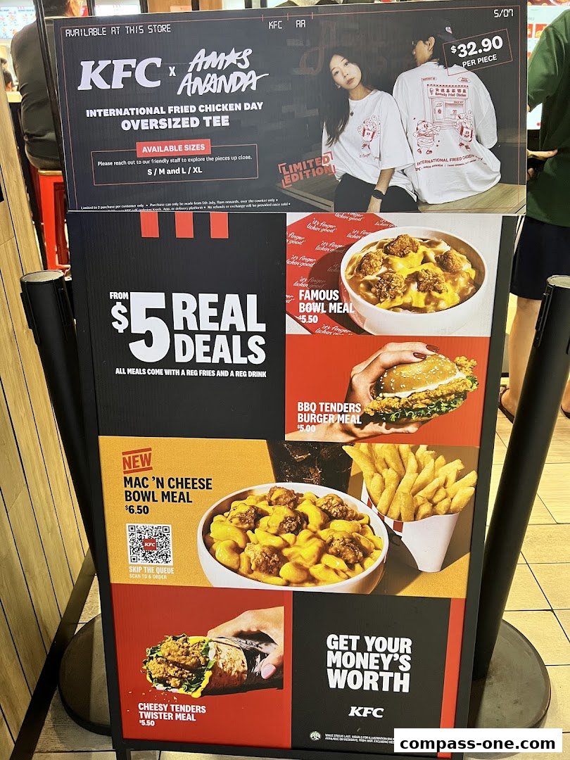 A KFC promotional stand featuring meals, a t-shirt collaboration, and special deals.