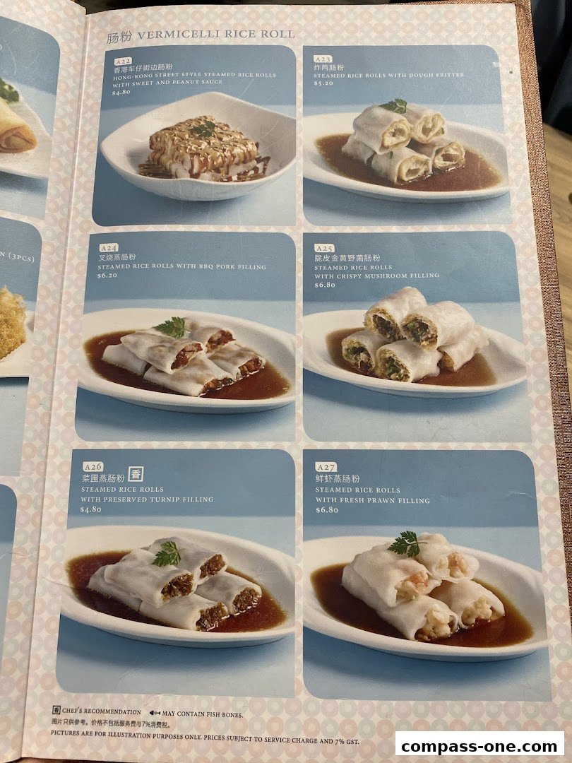 A menu page showcasing various types of steamed vermicelli rice rolls with different fillings and prices.