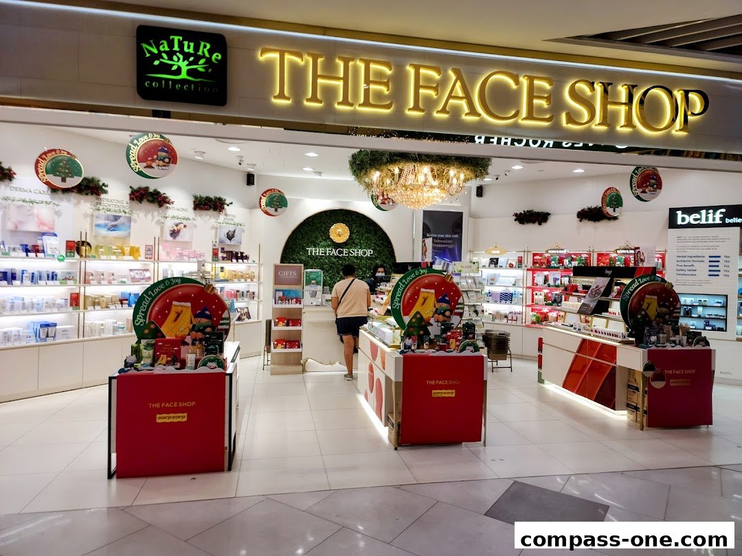 Interior view of The Face Shop, showcasing skincare products and festive holiday decorations.