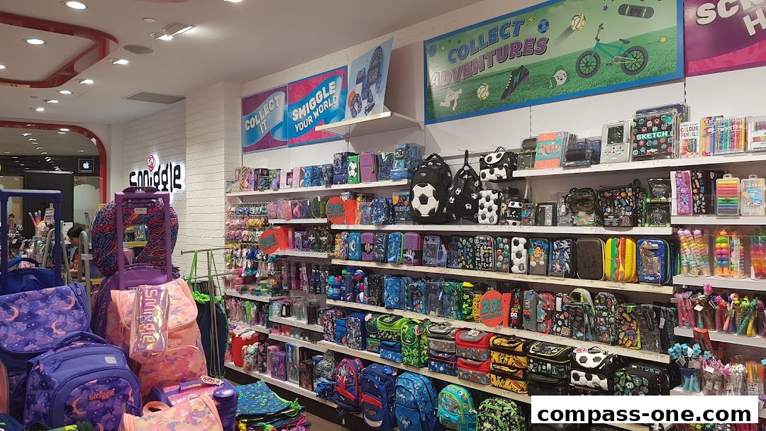 Interior view of a Smiggle store showcasing colorful backpacks, pencil cases, and stationery.