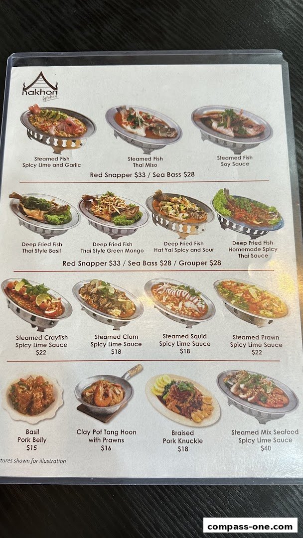 A menu from Nakhon Kitchen showcasing various Thai seafood and pork dishes with prices.