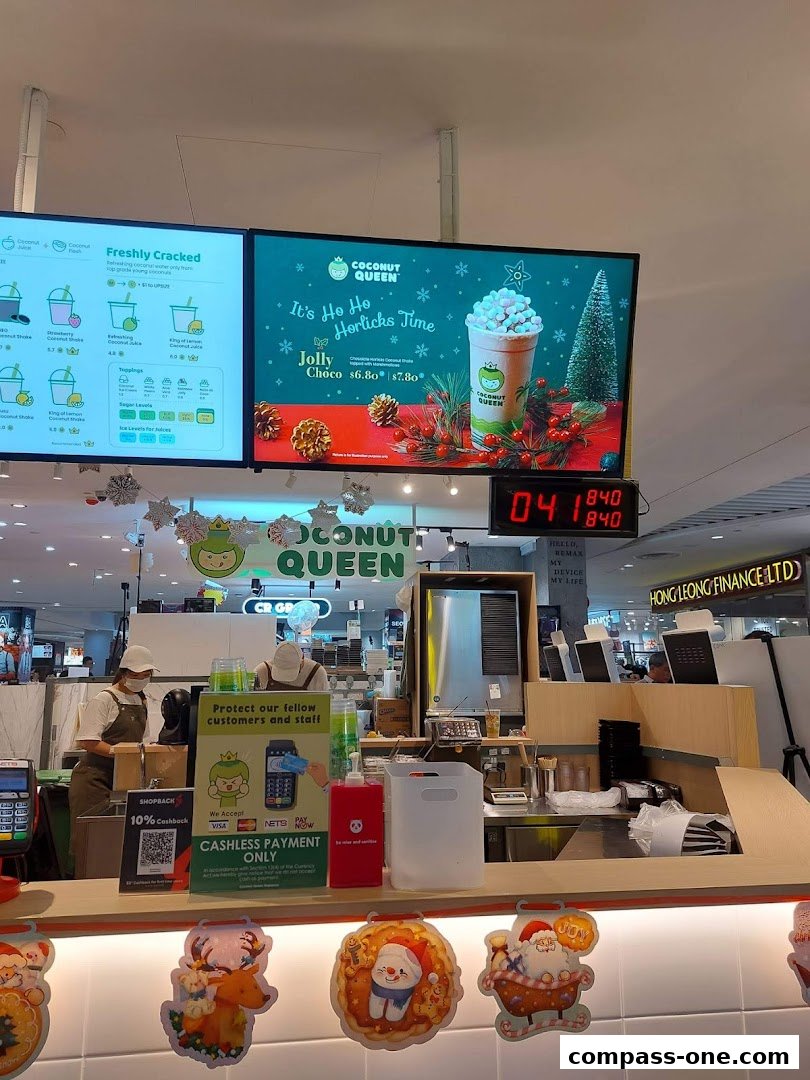 Coconut Queen shop counter with staff, menu screens, and festive decorations.