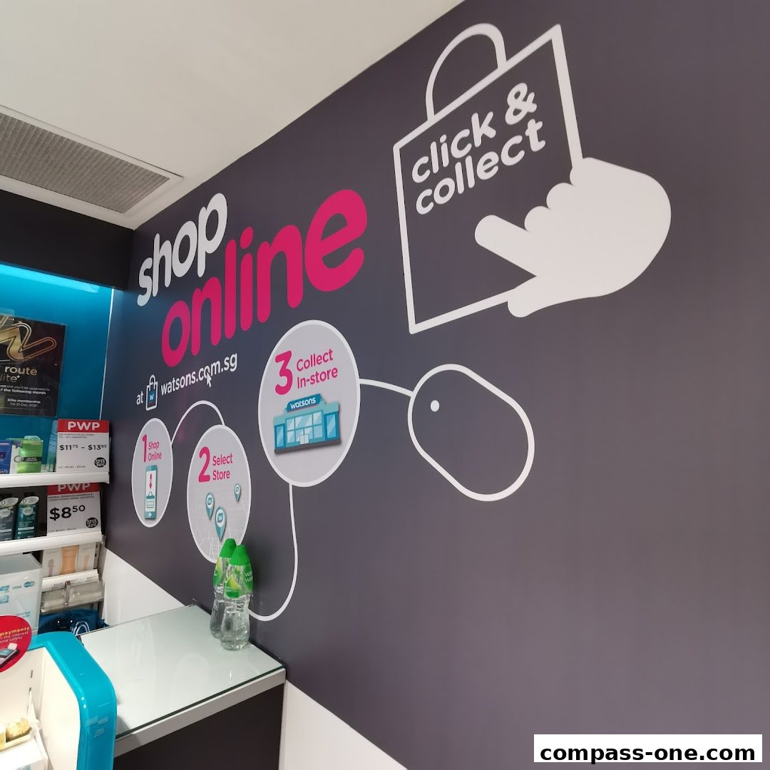 Wall graphic illustrating Watsons' online shopping and click & collect service.