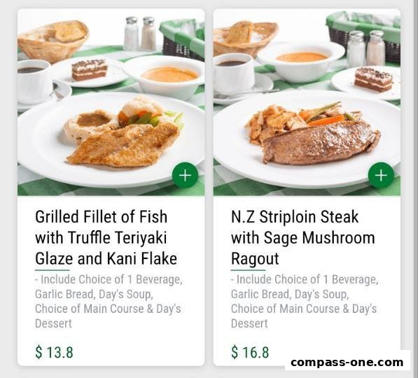 Two delicious meal options: grilled fish and steak with sides and dessert.