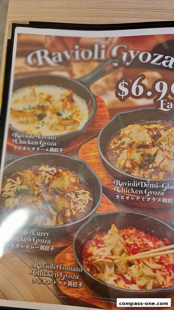 A menu featuring various Ravioli Gyoza dishes in cast iron pans.