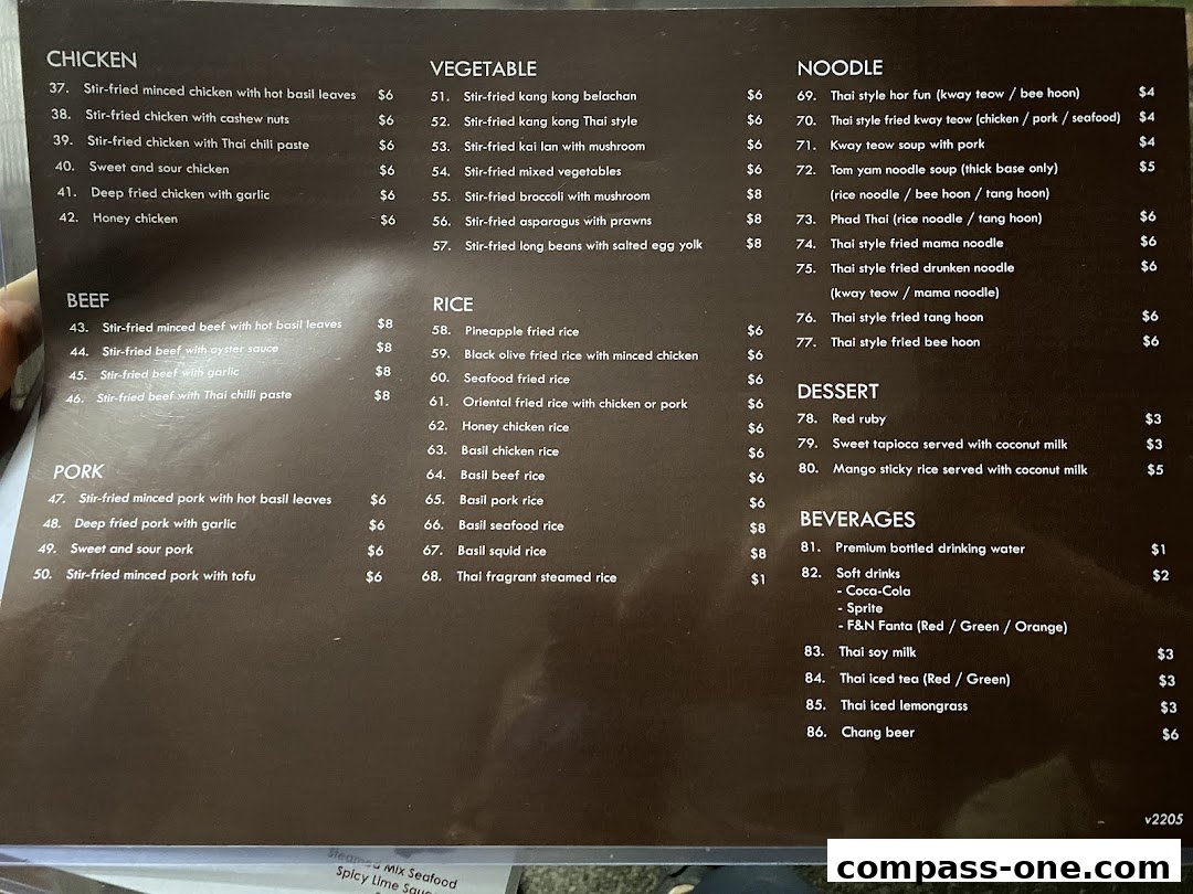 A menu from Nakhon Kitchen featuring Thai dishes like chicken, beef, pork, noodles, rice, desserts, and beverages.