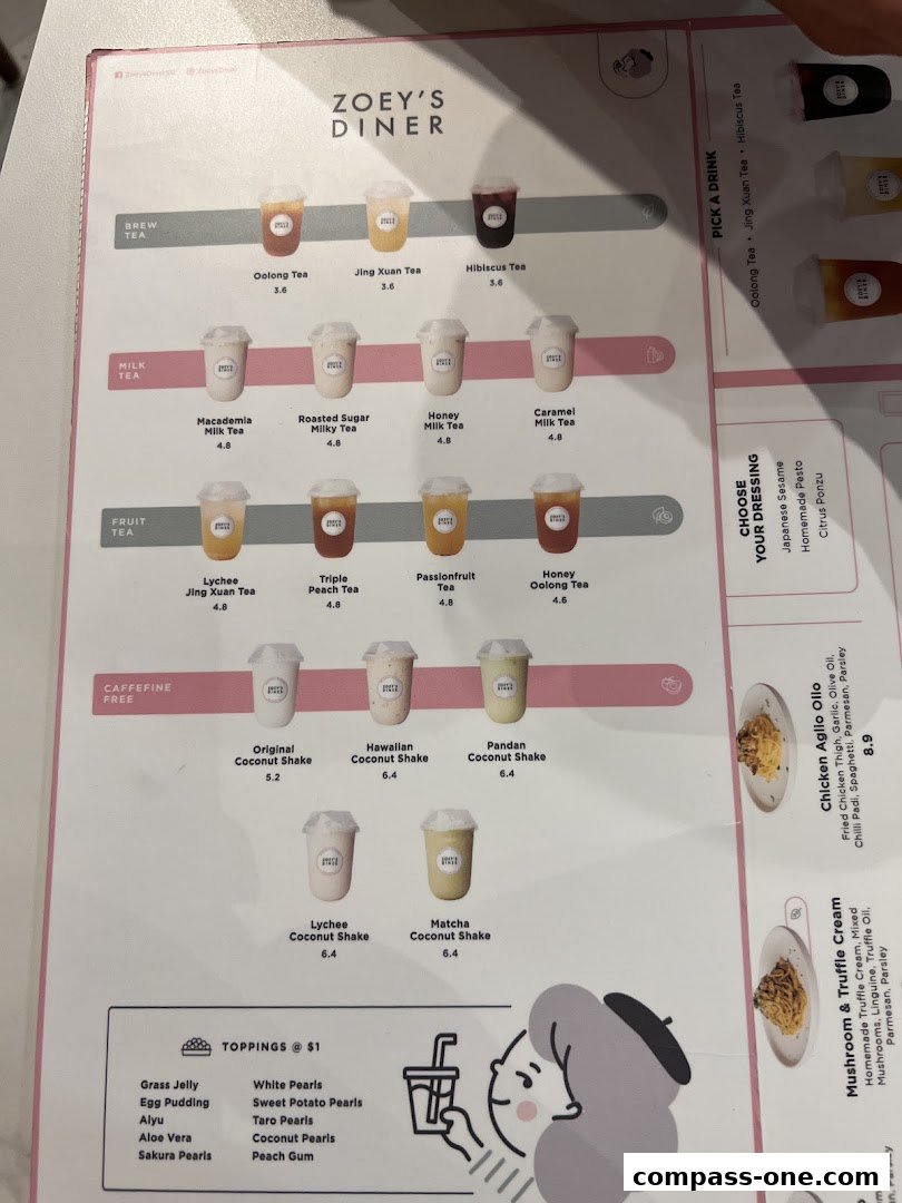 A menu from Zoeys Diner featuring various teas, milk teas, fruit teas, and coconut shakes.