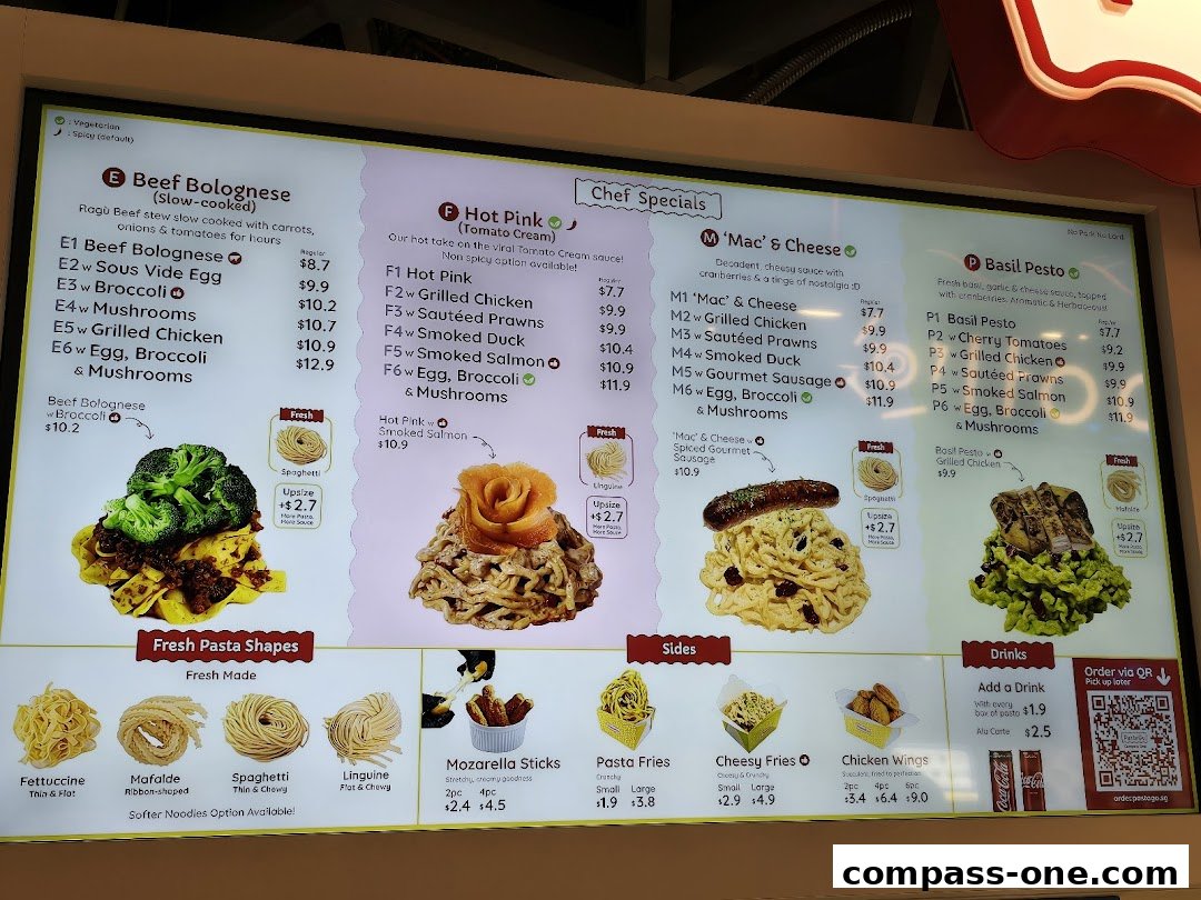 A digital menu board displaying various pasta dishes, sides, and drinks with prices.