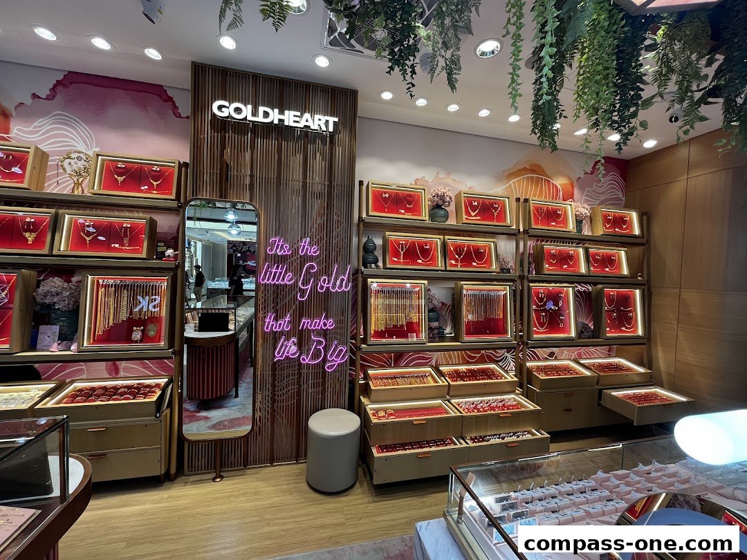 A well-lit jewelry store interior showcasing necklaces, bracelets, and rings on display.