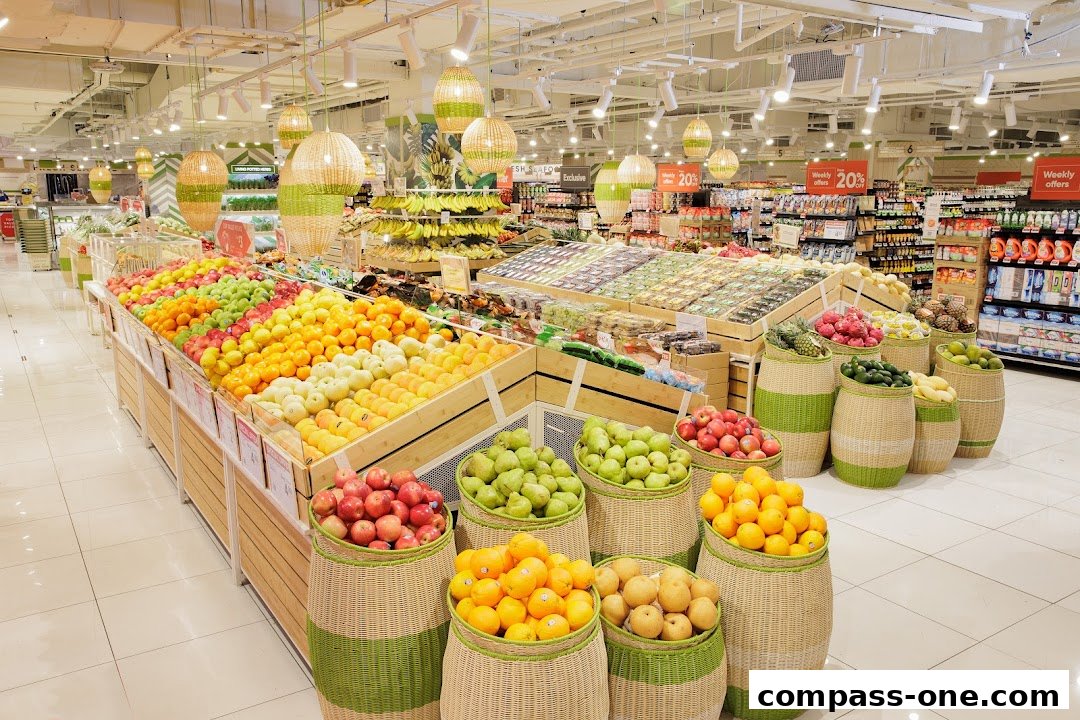 A vibrant display of fresh fruits and vegetables arranged in baskets and on shelves inside a supermarket.