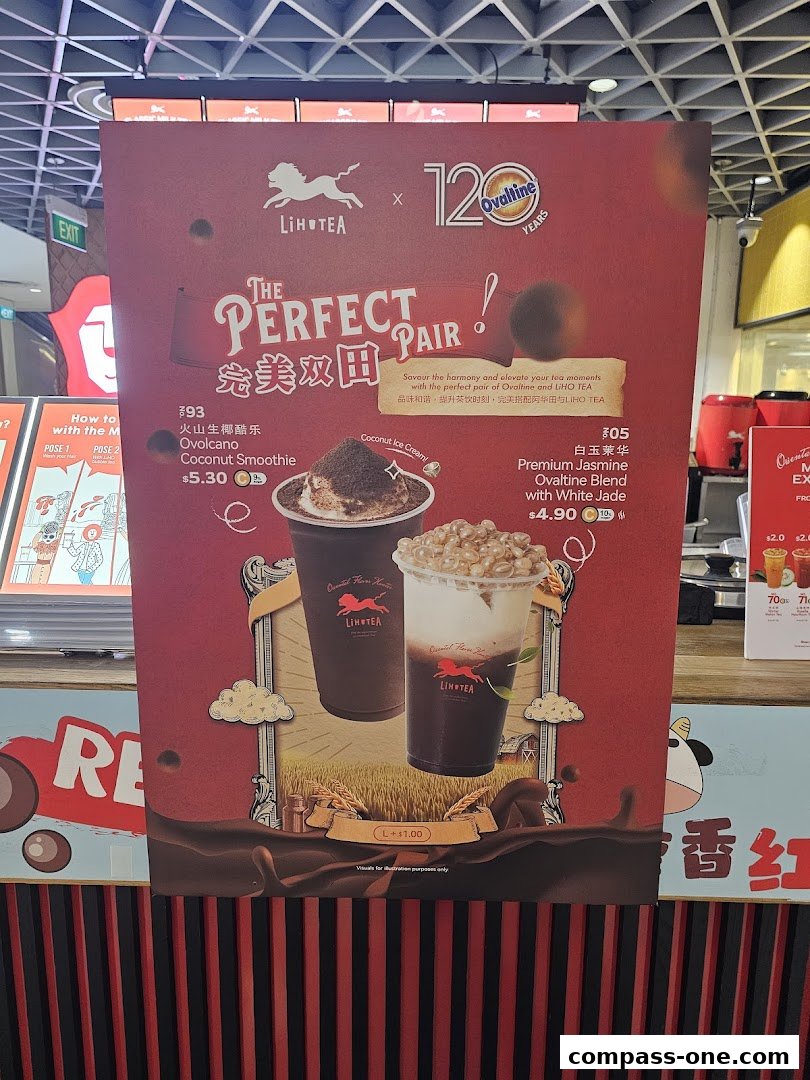 A promotional poster for LiHO TEA featuring two special drinks, a collaboration with Ovaltine.