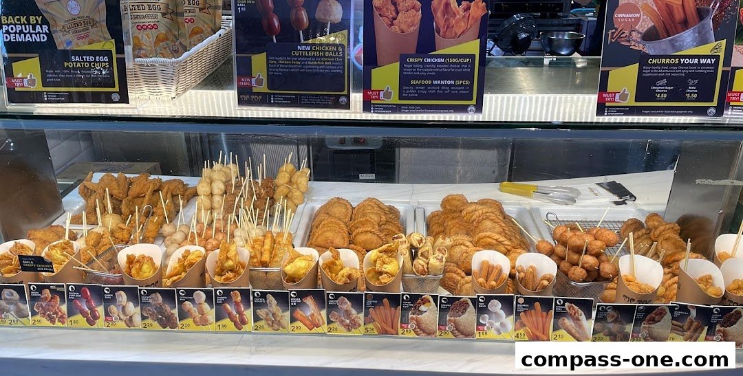 A display case filled with various fried snacks and skewers, including chicken wings, meatballs, and pastries.