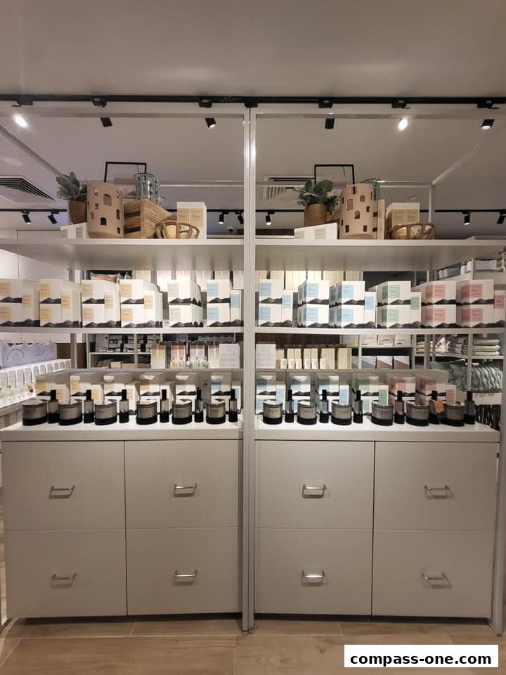 Shelves stocked with various home decor and personal care items, including candles and boxed products.