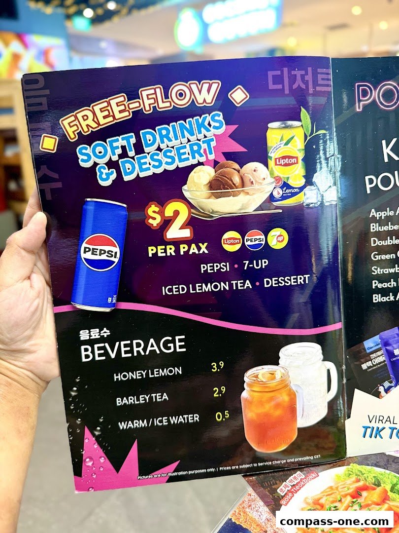 A menu offering free-flow soft drinks and dessert for $2 per pax, with beverage options like Honey Lemon and Barley Tea.