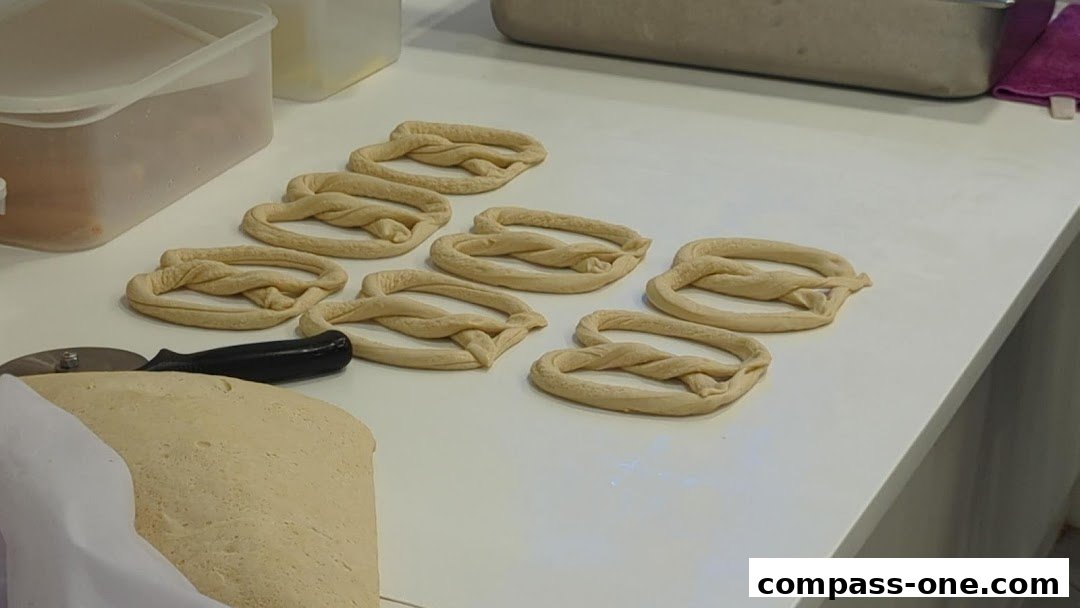 Freshly prepared pretzel dough is shaped and ready for baking.
