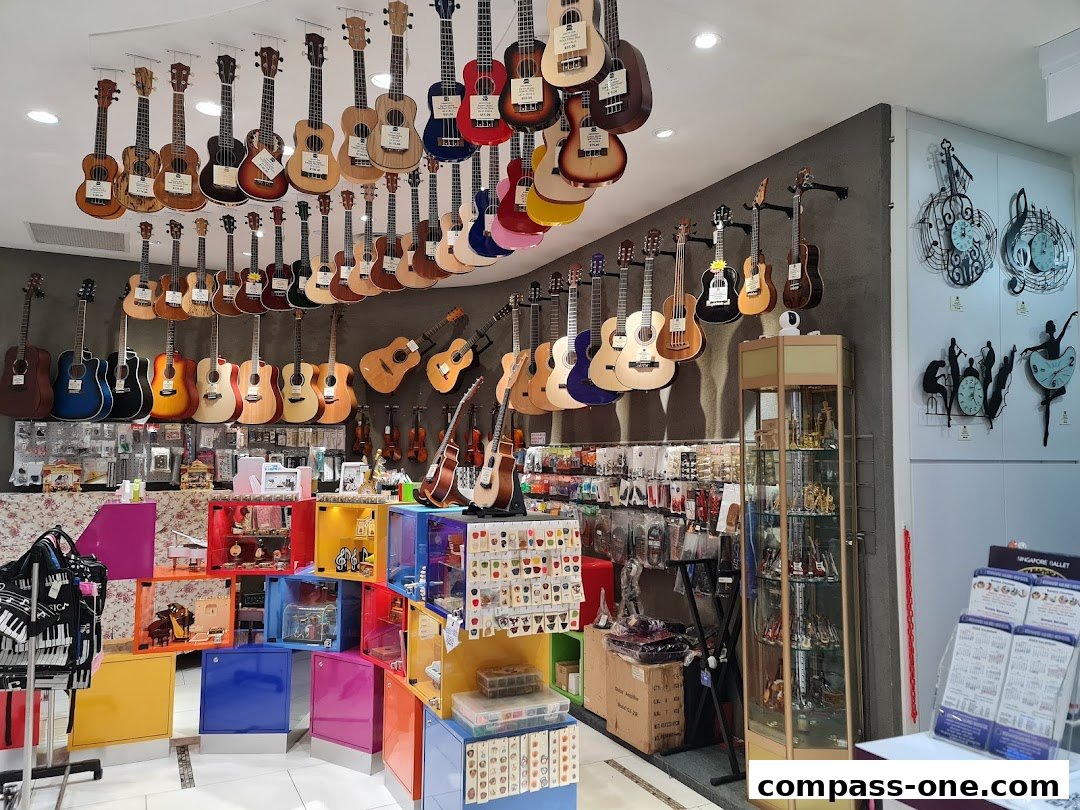 A music school interior showcasing a wide variety of guitars, ukuleles, and musical accessories.