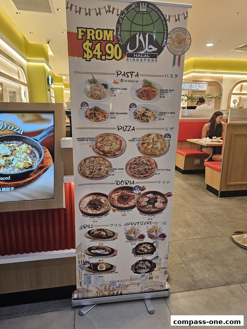 A vertical banner displaying a menu of pasta, pizza, doria, and grill appetizers with prices.