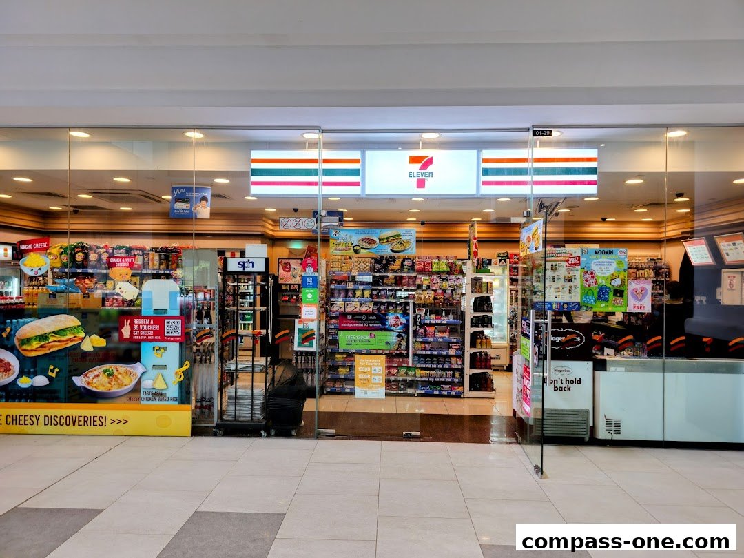 The exterior of a 7-Eleven convenience store with its entrance and displays visible.