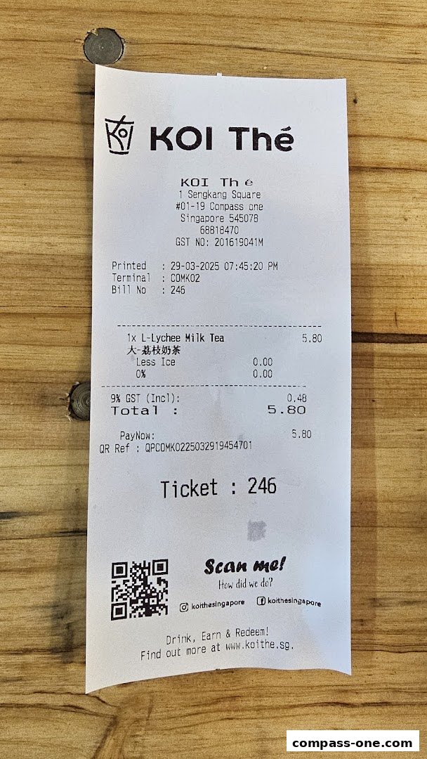A receipt from KOI Thé showing a Lychee Milk Tea purchase and payment details.