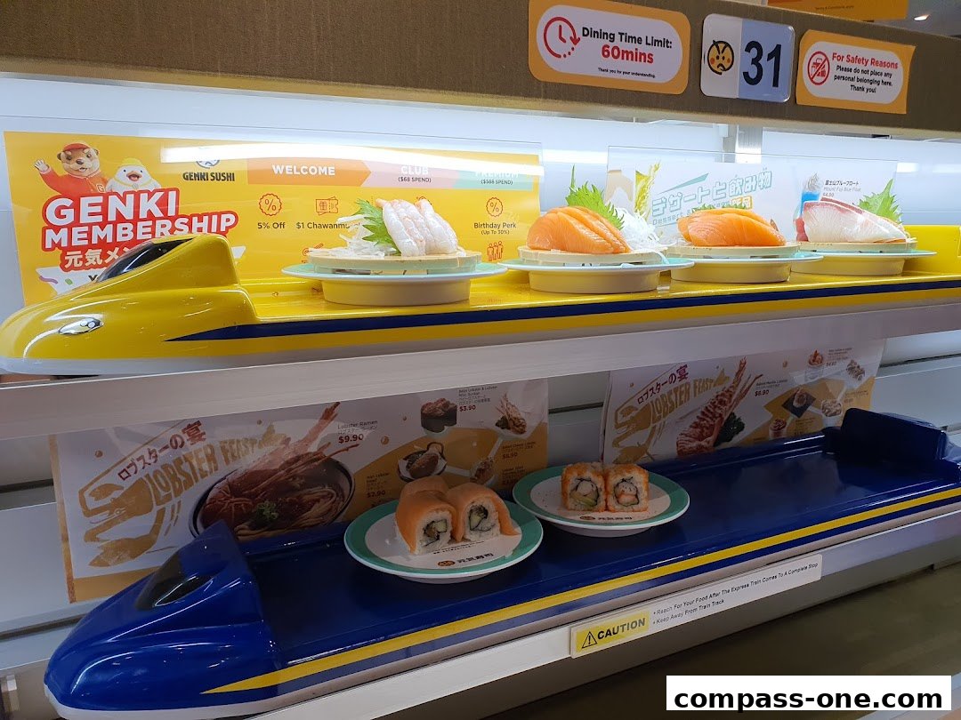 Sushi dishes served on a conveyor belt system resembling a train.