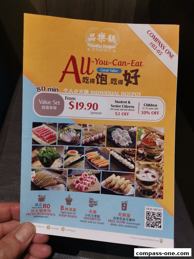 A menu for Paradise Hotpot offering an all-you-can-eat individual hotpot experience.