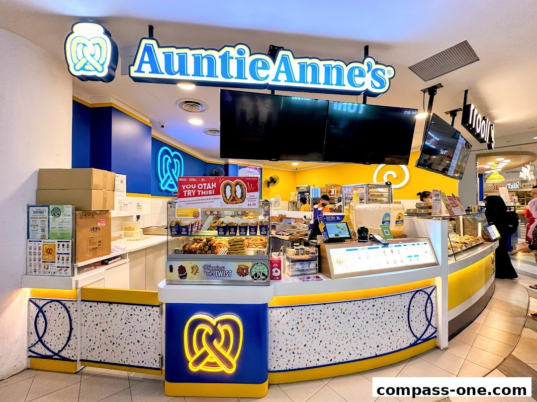 Auntie Anne's pretzel shop with a bright yellow and blue interior, displaying pretzels and drinks.