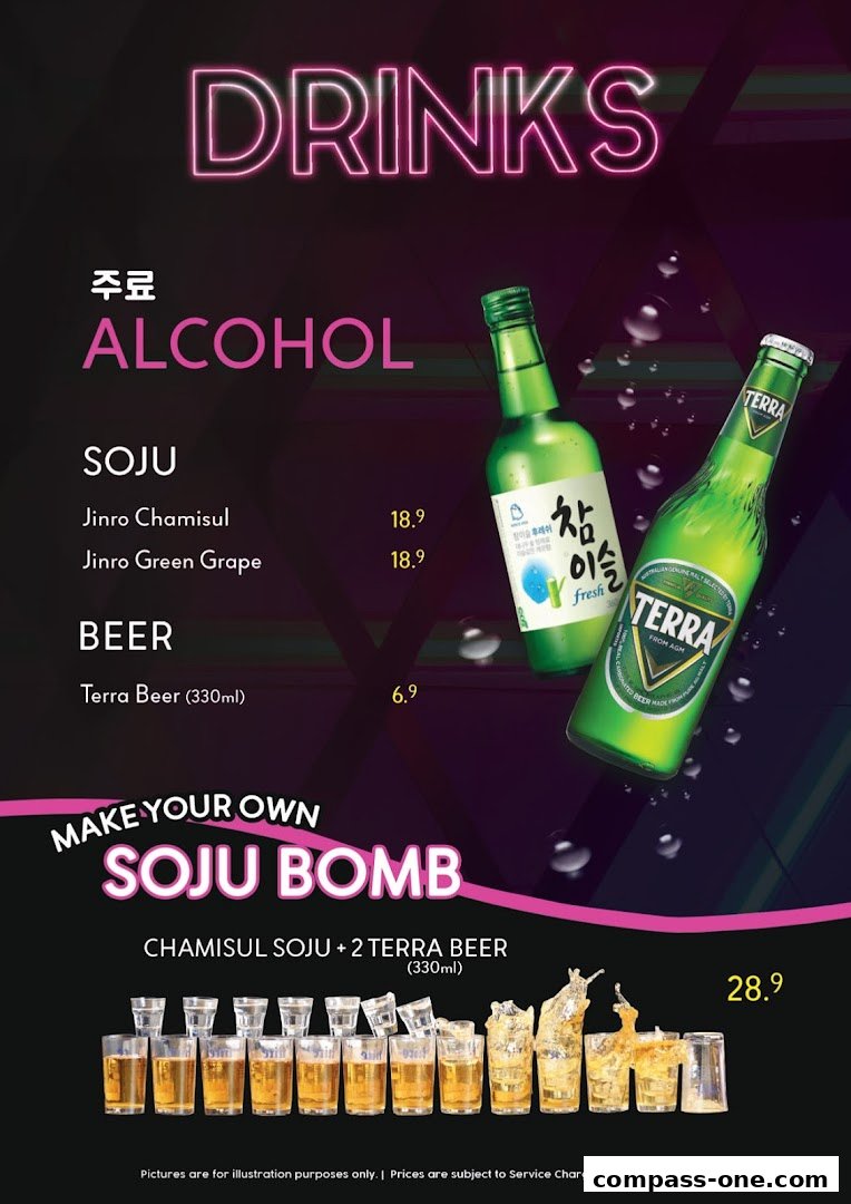 A menu featuring Korean alcoholic drinks, including Soju and Beer, with a special Soju Bomb offer.
