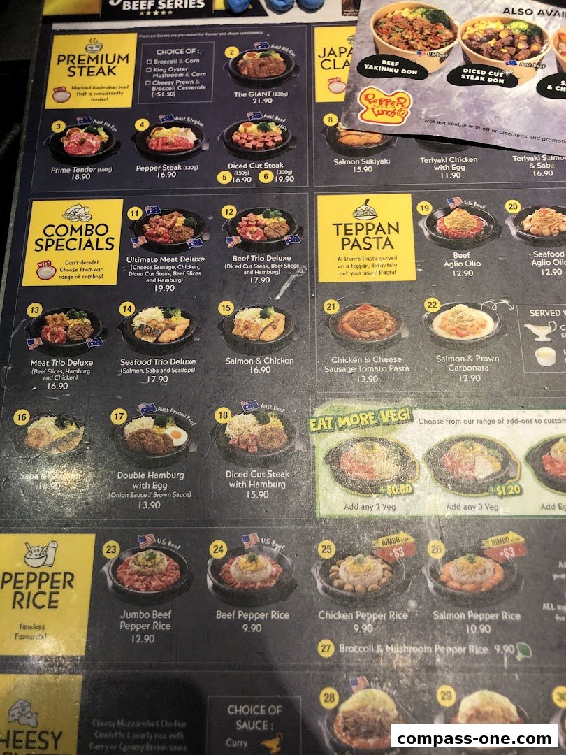 A menu from Pepper Lunch showcasing various beef and pasta dishes with prices.