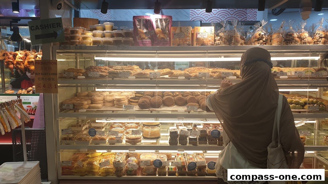 A customer browses a display of baked goods and desserts in a brightly lit shop.