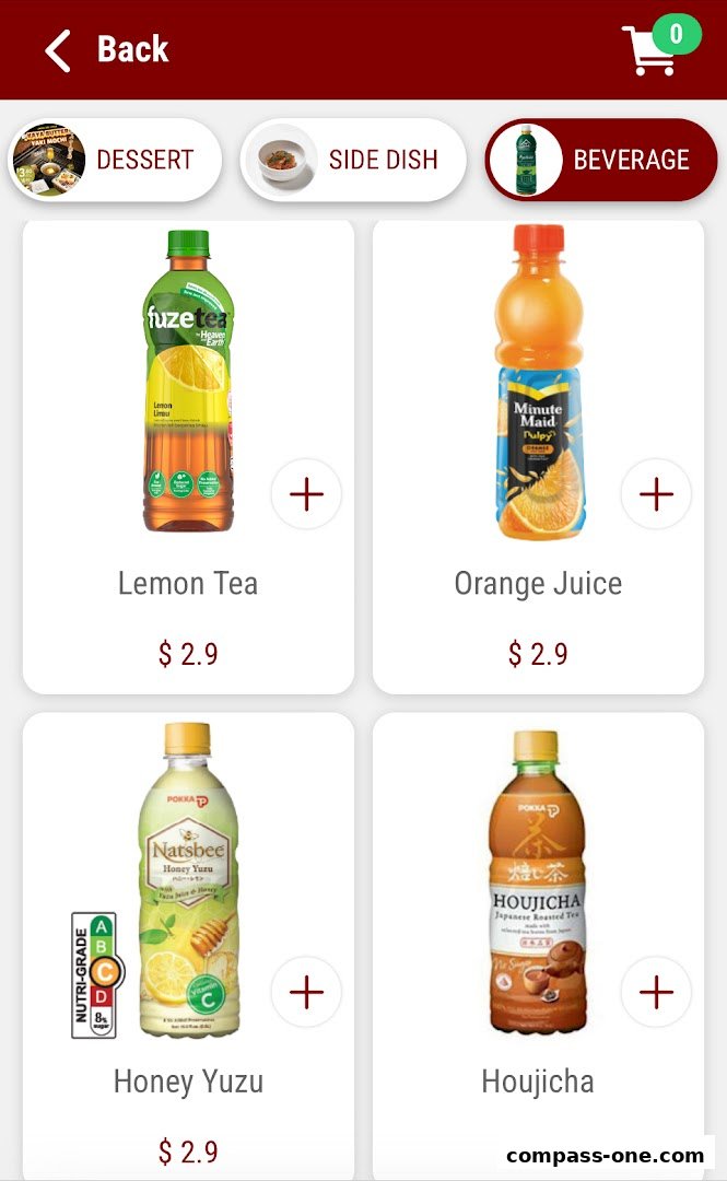 A mobile menu displaying beverages like Lemon Tea, Orange Juice, Honey Yuzu, and Houjicha.