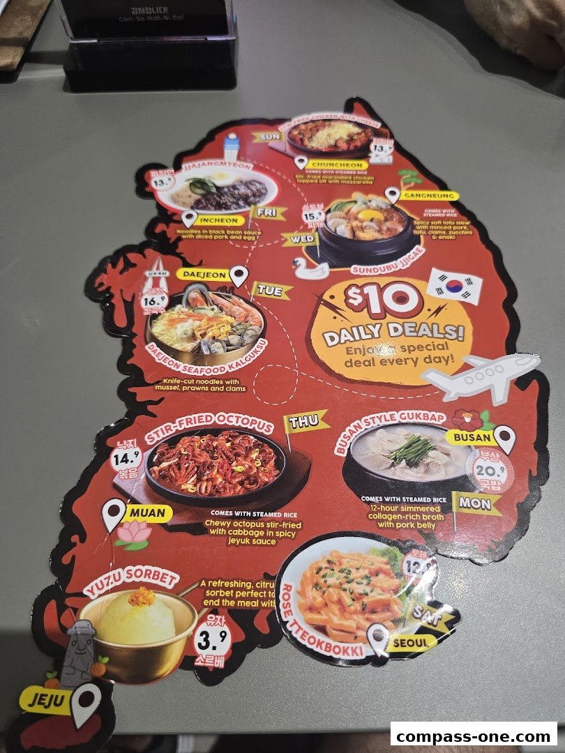 A menu shaped like South Korea featuring various Korean street food dishes and daily deals.