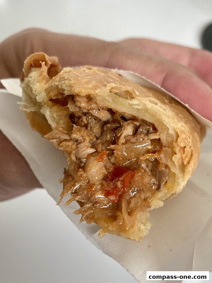 A close-up shot of a delicious curry puff filled with savory shredded chicken.