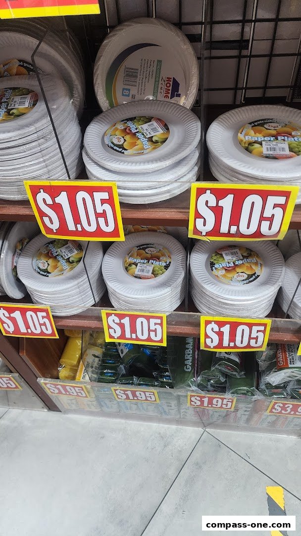 Shelves stocked with paper plates and other household items, with prominent price tags.