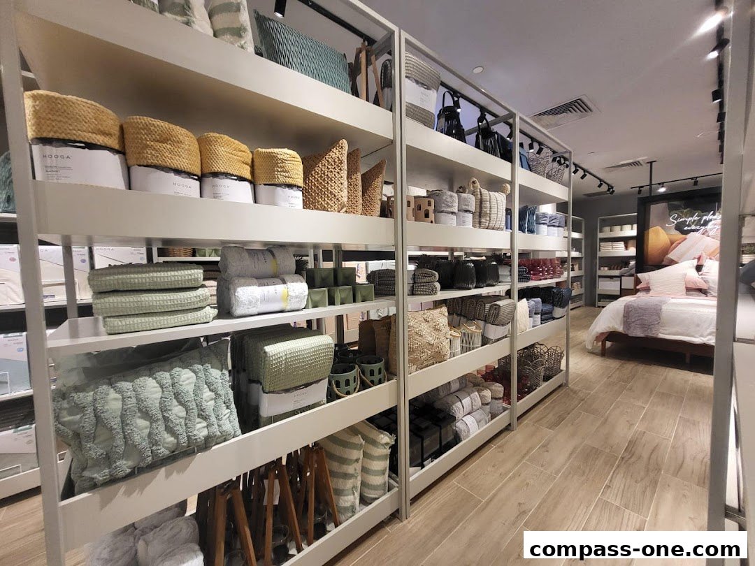 Shelves stocked with home decor items like pillows, blankets, and baskets in a retail store.