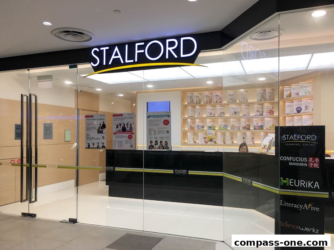 The entrance of Stalford Learning Centre with its name displayed prominently and shelves of books inside.