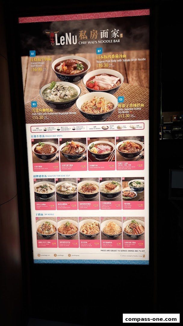 A menu display for LeNu Chef Wai's Noodle Bar featuring various noodle dishes with prices.