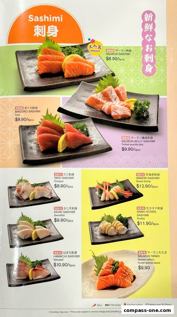 A menu showcasing various types of sashimi, including salmon, tuna, octopus, swordfish, yellowtail, sweet shrimp, and scallop.