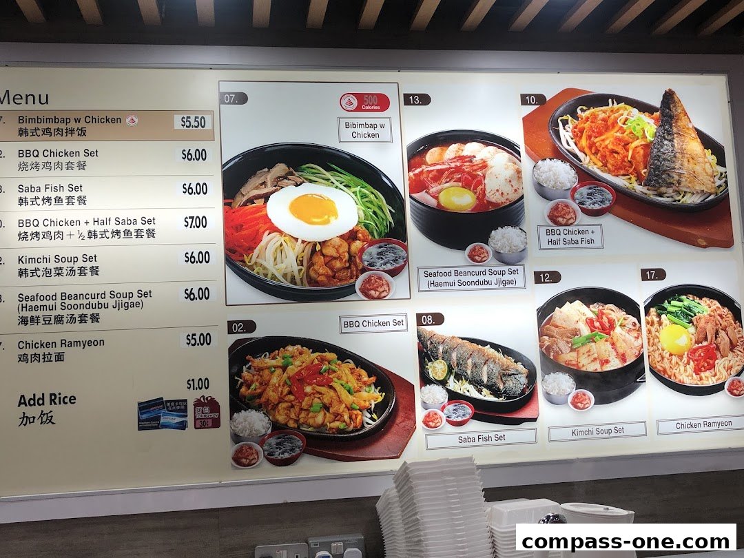 A menu board displaying various Korean dishes with pictures and prices.