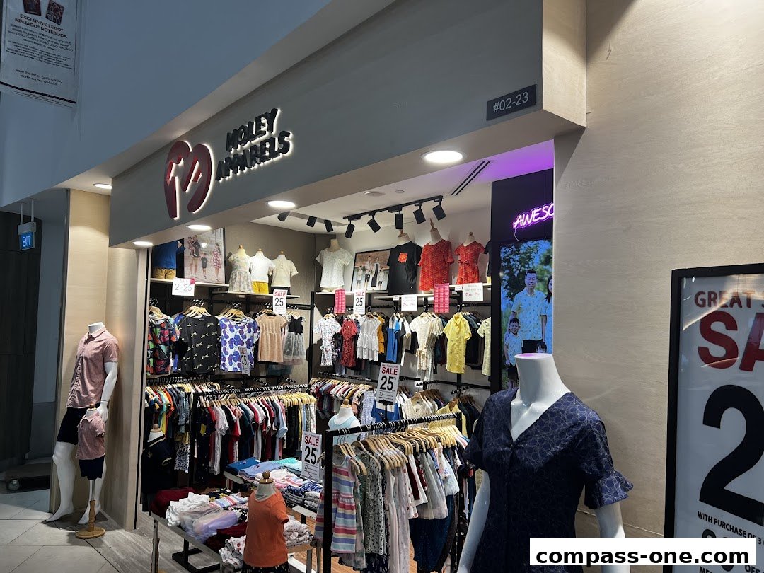 Moley Apparels shop front displaying various clothing items and sale signs.