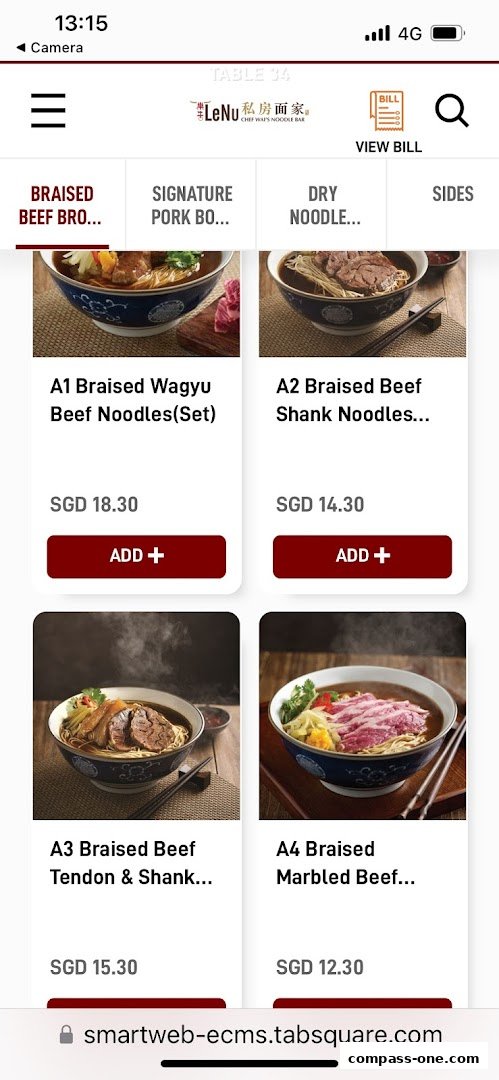 A digital menu displaying various beef noodle dishes with prices and add buttons.