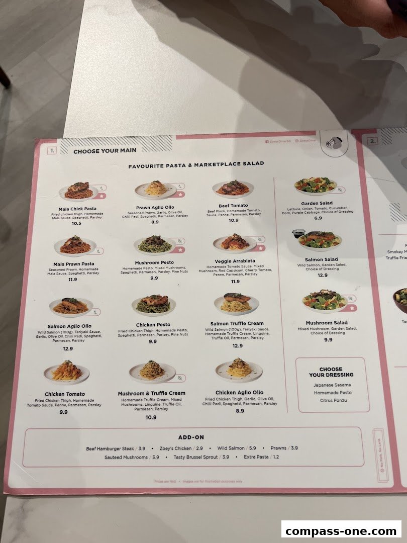 A menu from Zoeys featuring pasta dishes, salads, and add-on options with prices.