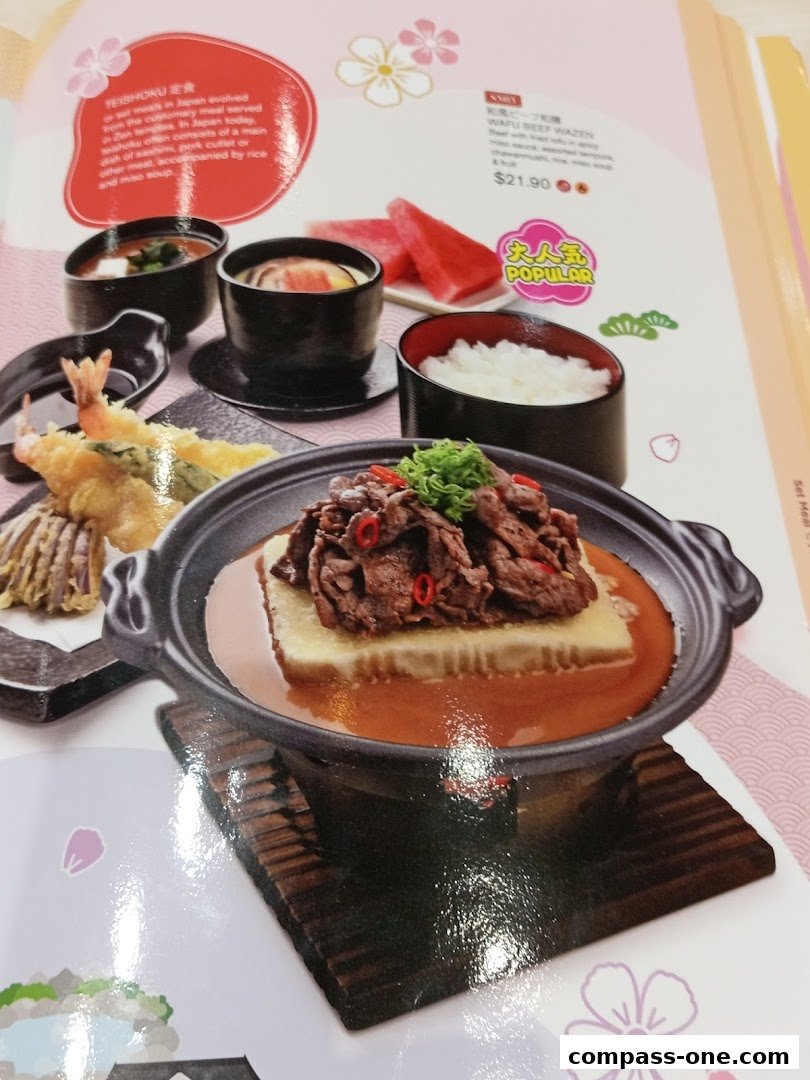 A menu page showcasing Japanese Teishoku meals, including Wafu Beef Wazen.