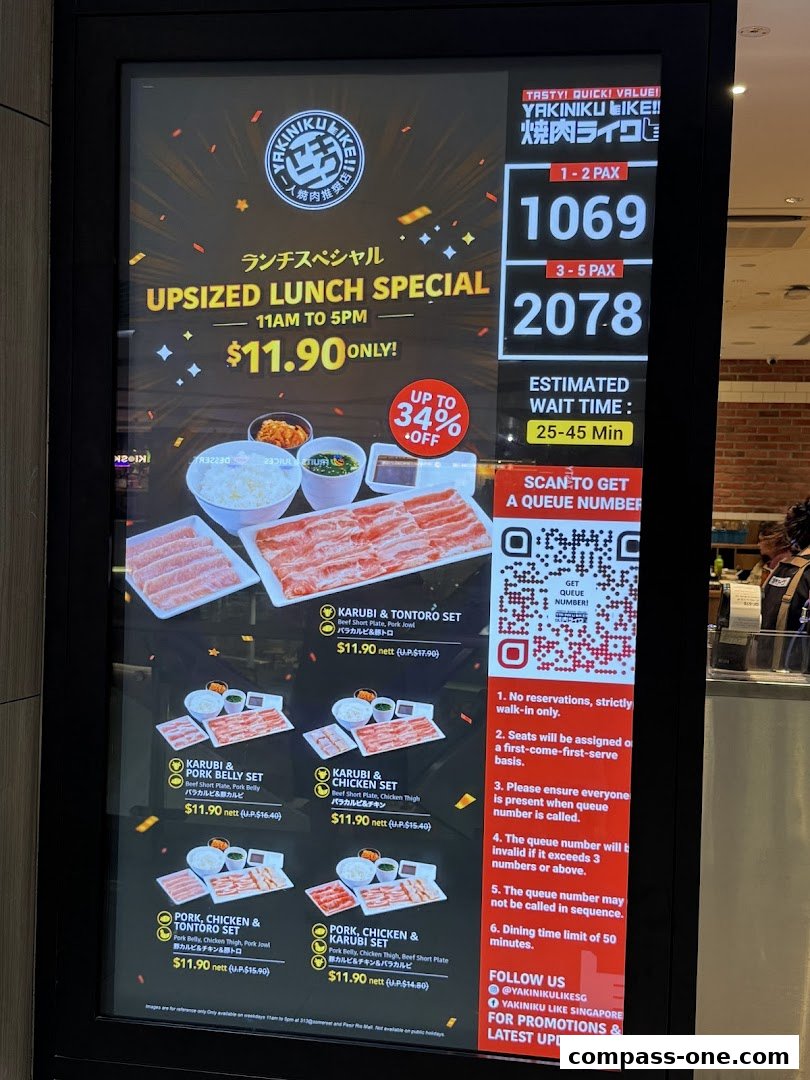A digital menu board advertising Yakiniku Like's Upsized Lunch Special with various set meals.