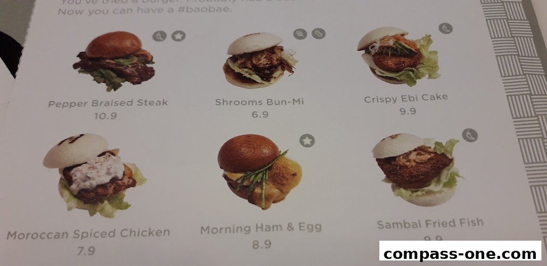 A menu page showcasing six different bao bun dishes with their names and prices.