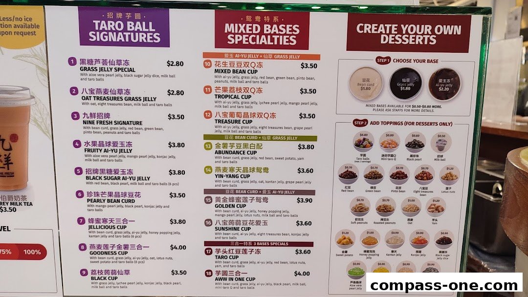 A menu for Nine Fresh Desserts Taiwan featuring Taro Ball Signatures and Mixed Bases Specialties.