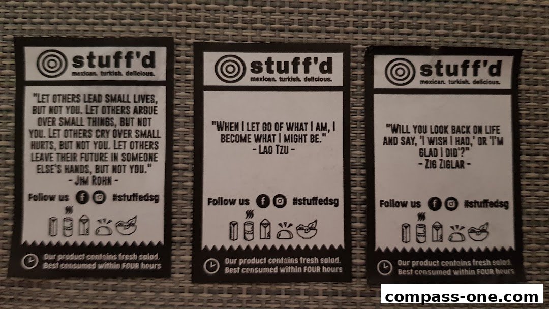 Three cards with inspirational quotes and the Stuff'd logo, promoting Mexican and Turkish cuisine.