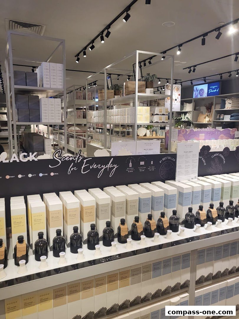 A retail store interior showcasing a wide display of reed diffusers and home fragrance products.