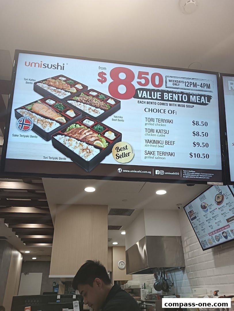 A menu board advertising value bento meals from Umisushi, featuring various bento options and prices.