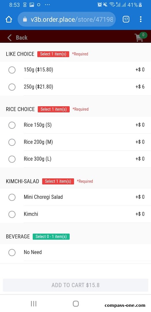 Online ordering interface for Yakiniku Like, showing meat, rice, and side dish selections.